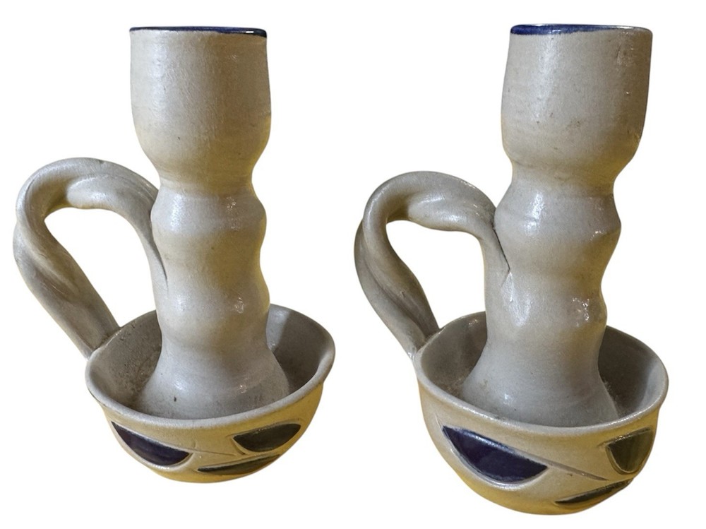 Vintage Williamsburg Pottery Salt Glazed Chamber Candleholders (2) 4.5 Inches