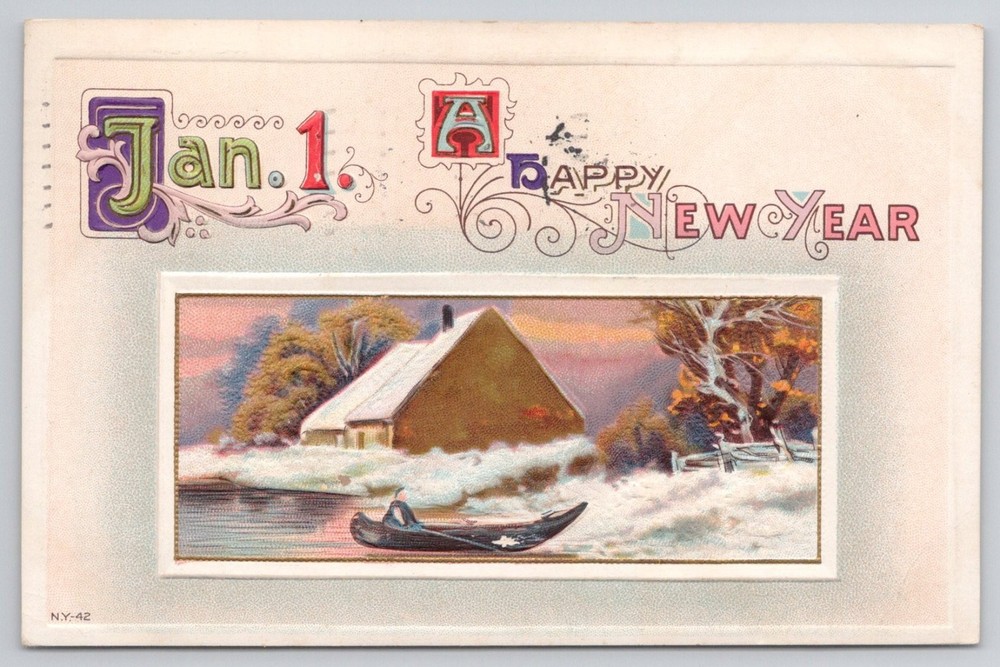 1916 Embossed Happy New Year Postcard Winter Scene Newark NJ Postmark