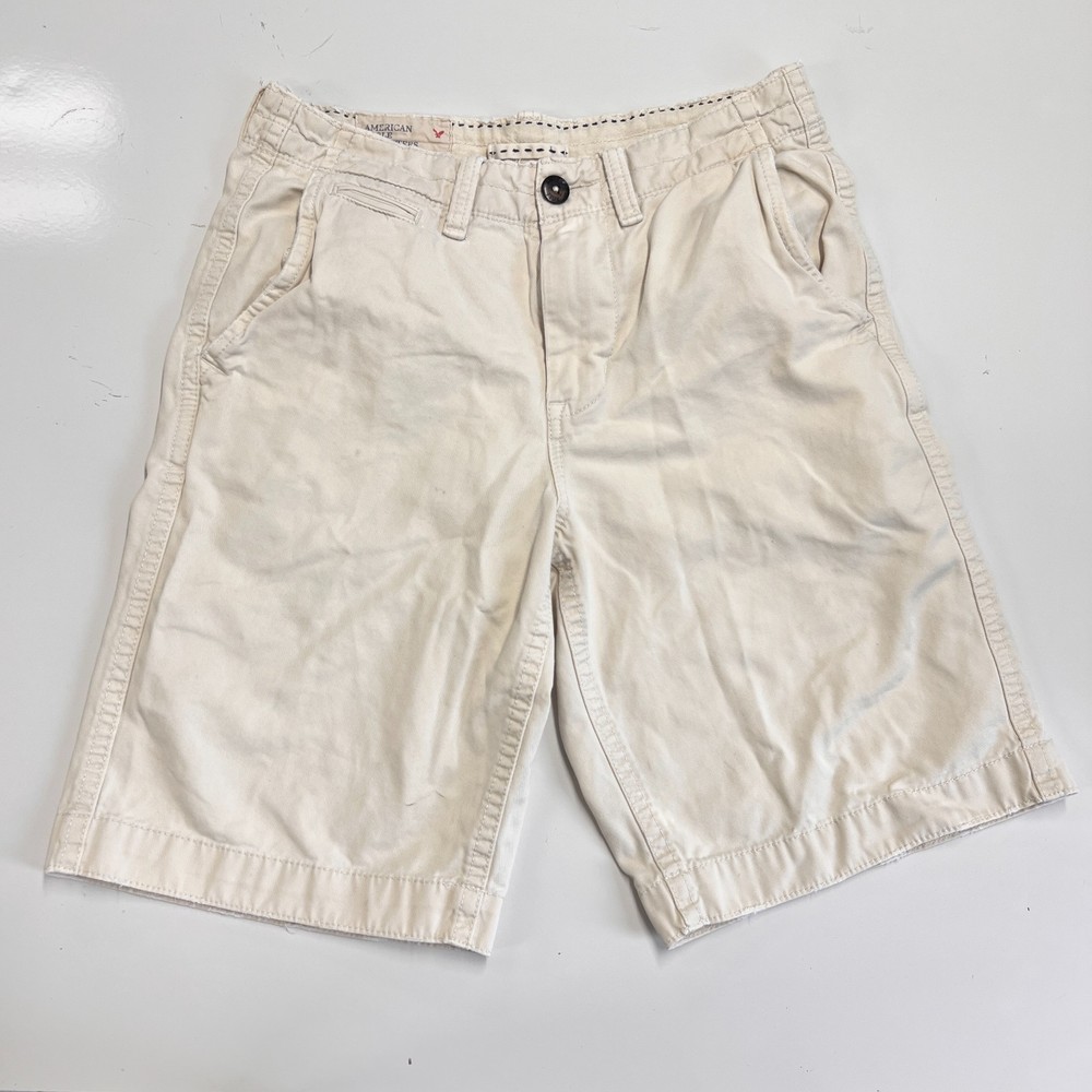 American Eagle Prep Length Shorts Mens 34 White Cotton Chino Flat Front Stain