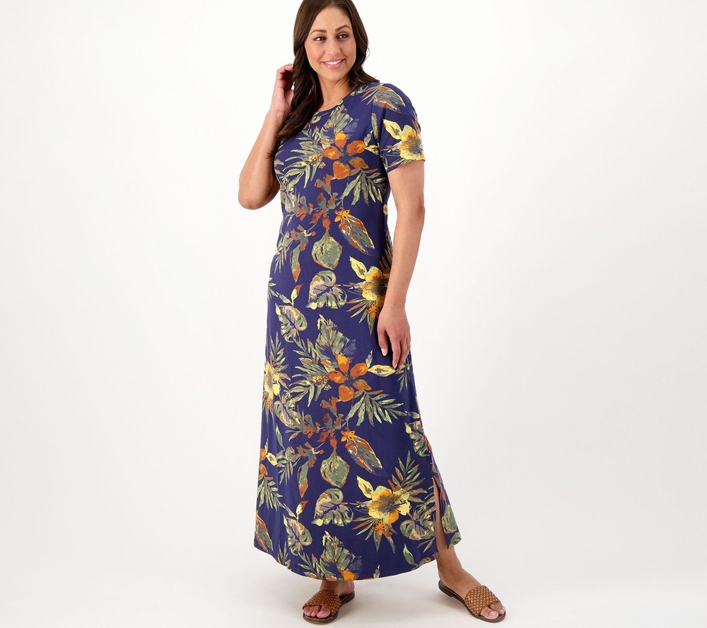 Denim & Co. Women's Dress Sz S Beach Regular Short Sleeve Maxi Blue A511189
