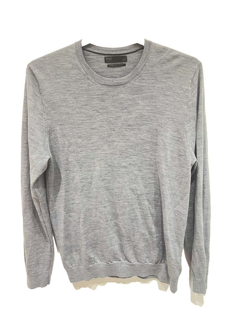 M&S Men’s Grey Merino Wool Jumper L Lightweight Crew Neck Knitwear