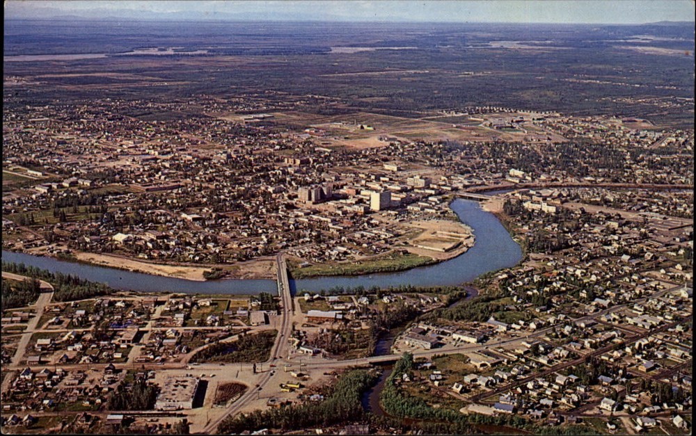 Aerial view Fairbanks Alaska ~ Chena River ~ unused 1950s-60s vintage postcard