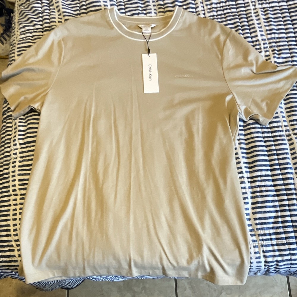 Calvin Klein Logo T-Shirt Men’s L Beige Crew Neck Short Sleeve