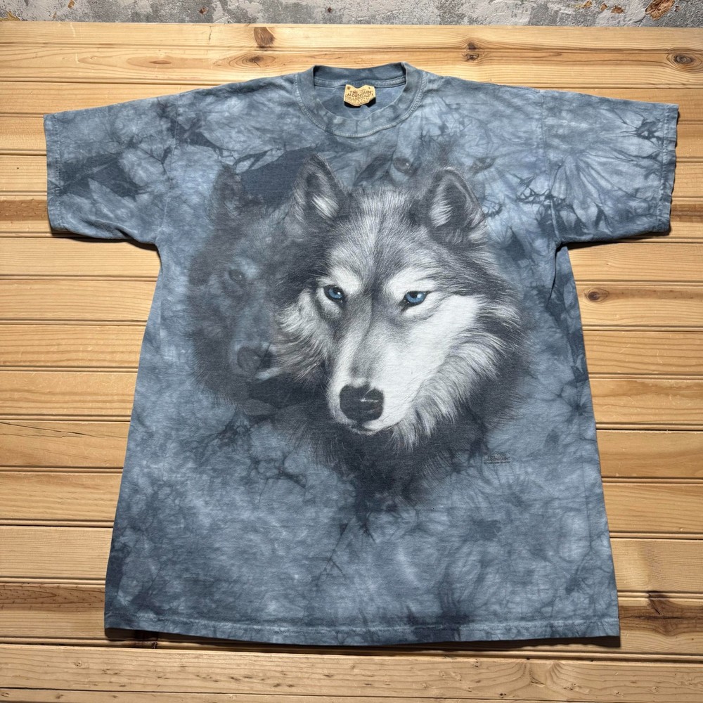 Vintage Y2K 2002 Wolves Blue Eyes Graphic Tie Dye T-Shirt USA Made - Size Large