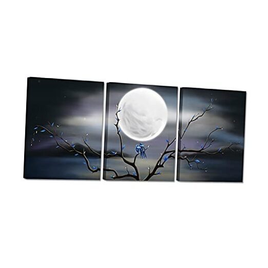 3 Pieces Full Moon Love Birds Canvas Wall Art Blue Bird Tree Branch Landscape