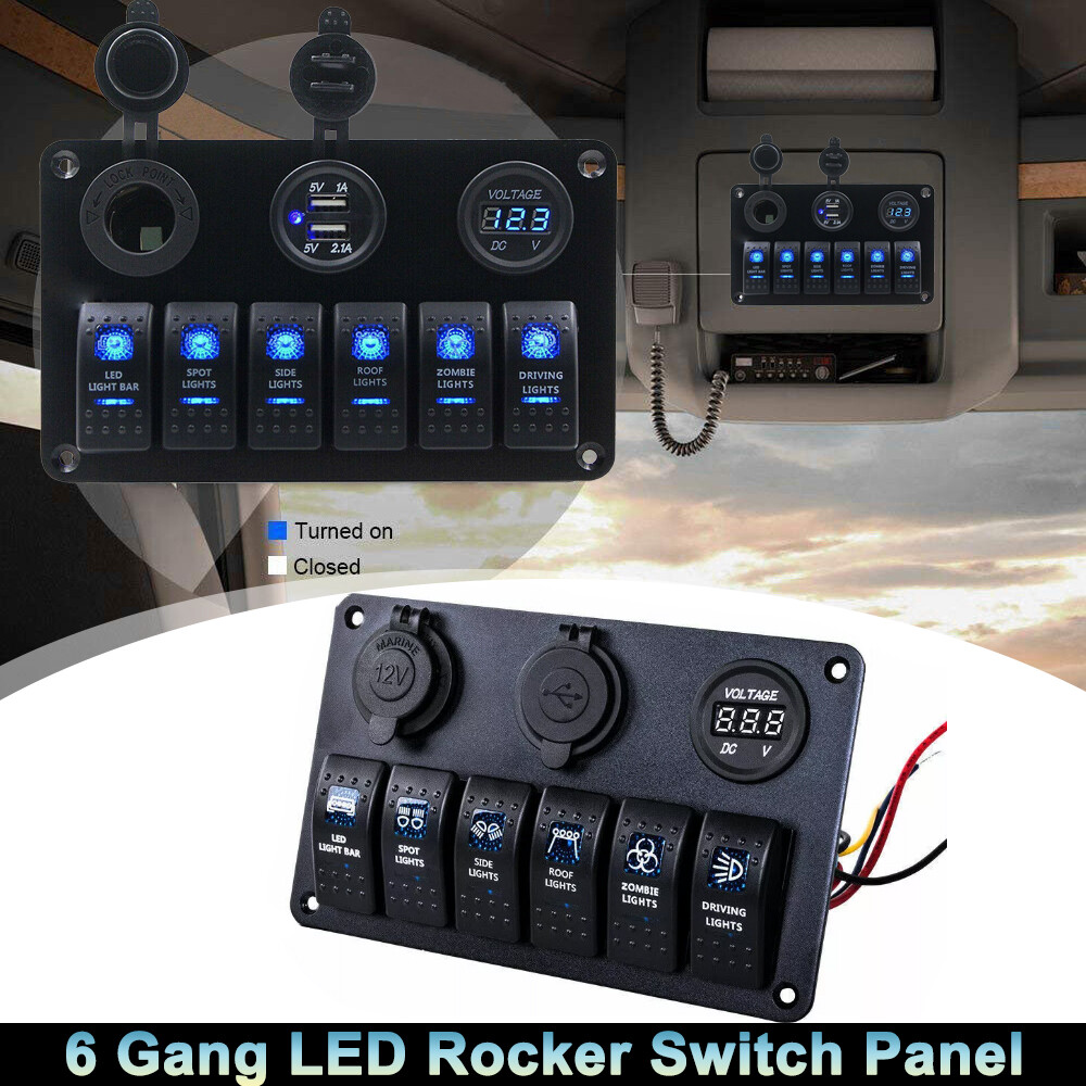 12V 6-Gang Toggle Switch Panel with USB Charger for Car Boat Marine LED Rocker