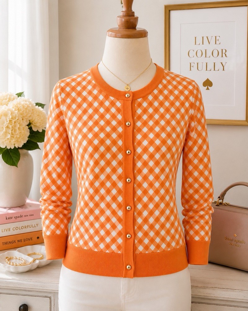 Kate Spade Live Colorfully Orange White Gingham Cardigan Sweater SZ Med