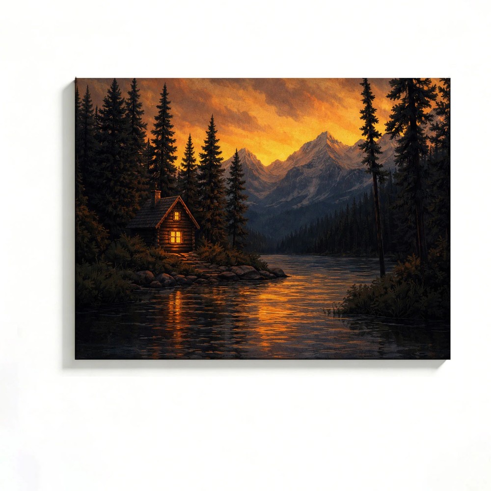 Cabin Lake Sunset Canvas Painting 2D Flat Frameless Wall Art Home Office Decor