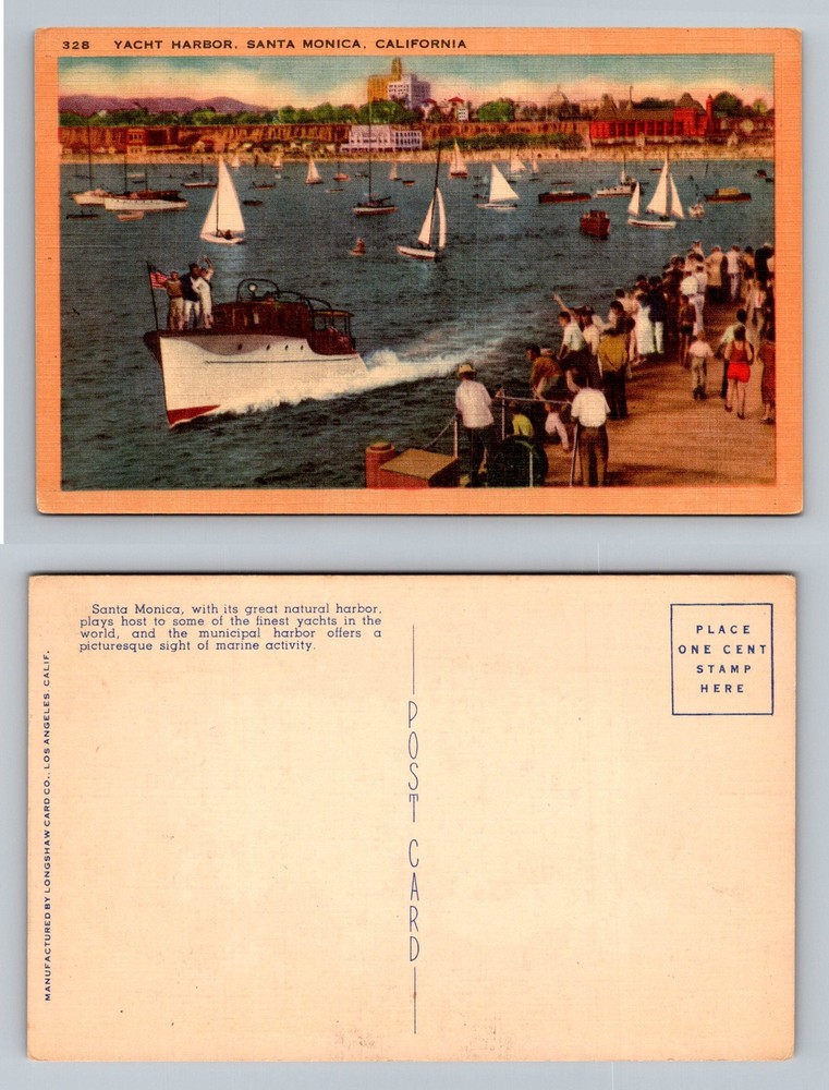 Santa Monica, CA-California, Yacht Harbor Crowd Boats Pier View Vintage Postcard