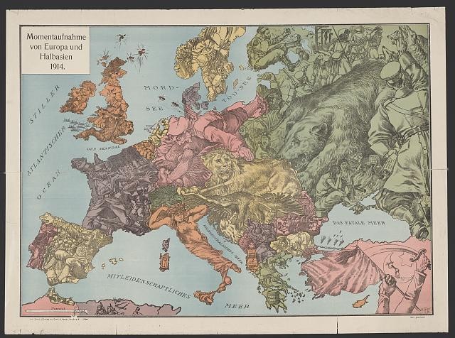 Europe Balkans WWI Map Caricature 1914 Germany Russia France England 1915