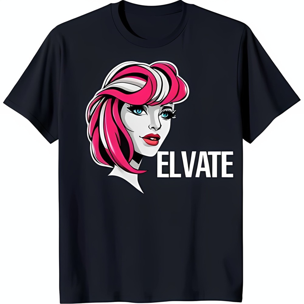 Stylish Black T-Shirt with Cartoon Woman Design 'ELEVATE' Graphic Print