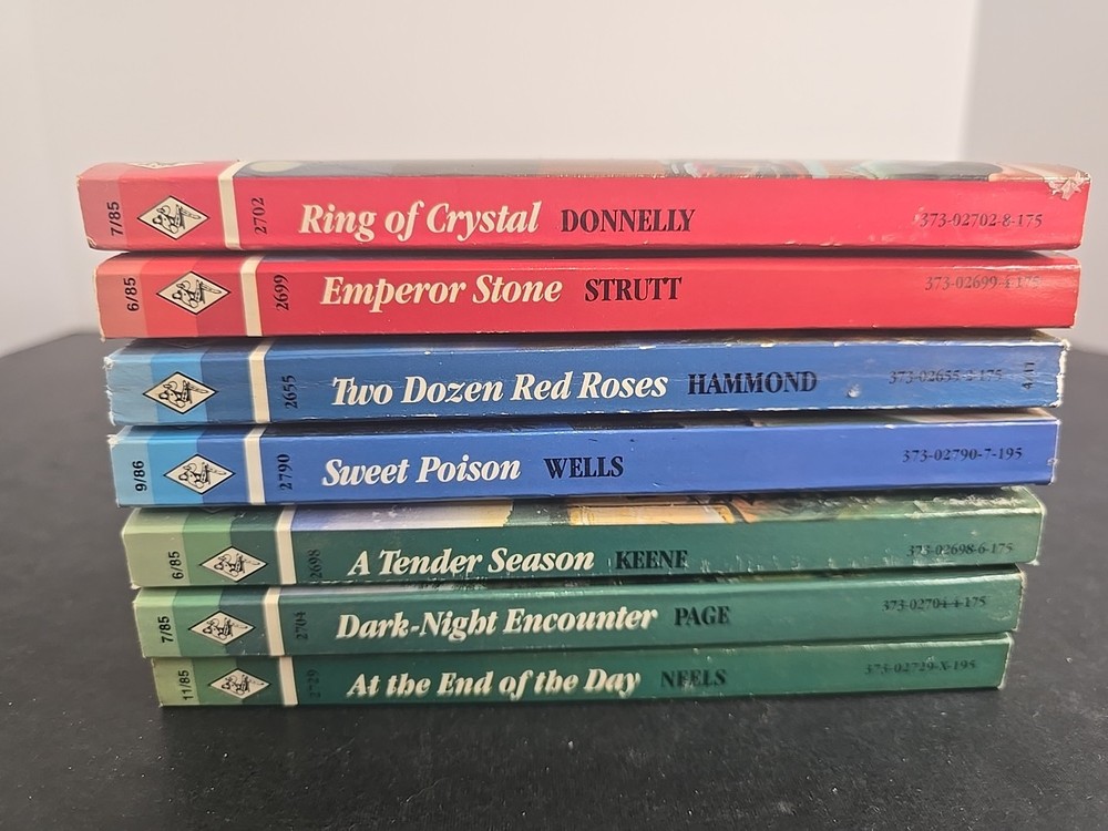 Lot of 7 Vintage Harlequin Romance Paperbacks (1985–1986) – Intrigue, Passion, &
