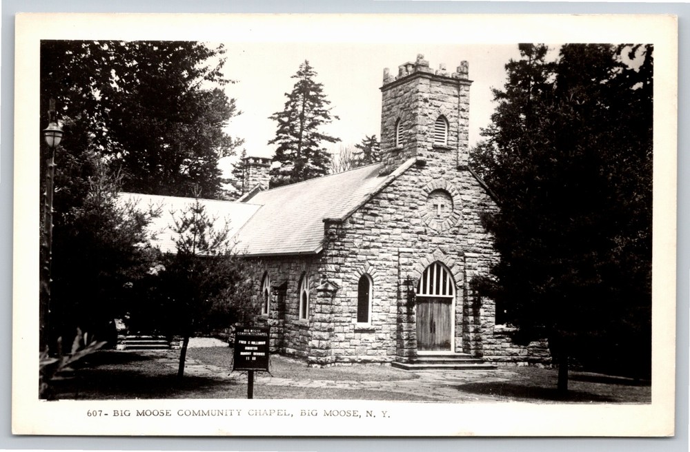 RPPC~Front of Big Moose Community Chapel Big Moose NY~Real Photo Postcard
