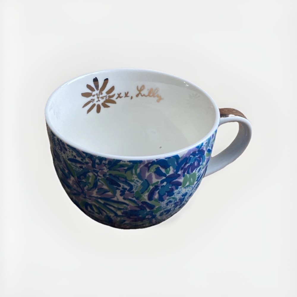 Lilly Pulitzer Blue Floral Ceramic 12 Oz Coffee Tea Mug Cup Hidden Kitten Cat