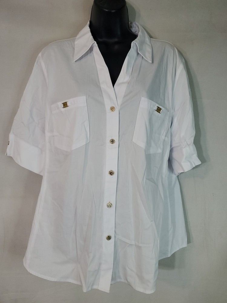 Anne Klein Women's Short Sleeve White Gold Botton Up Shirt Size XL