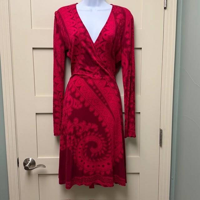 DESIGUAL Red Paisley Tie Back Dress Size Medium Long Sleeve Holiday Soft Stretch