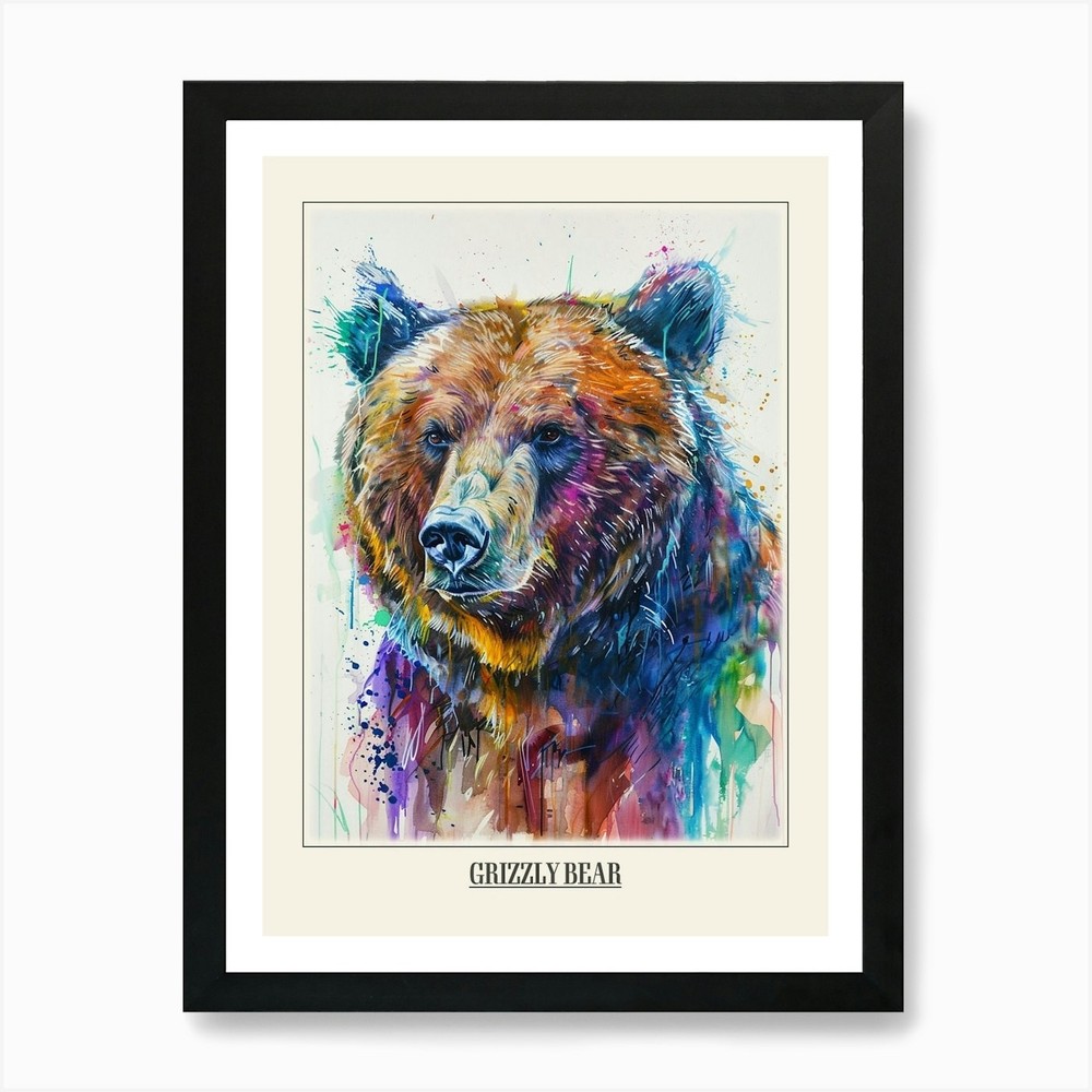 Colorful Grizzly Bear Watercolor Framed Wall Art Canvas Print