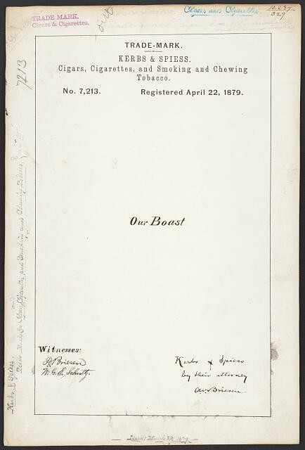 Photo:Kerbs Spiess Our Boast Tobacco Trademark Registration 1879