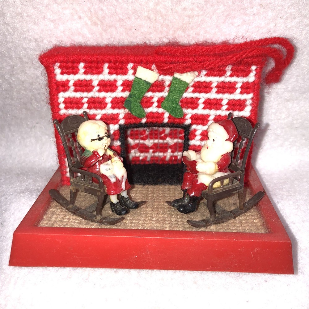 Vtg Handmade Needlepoint Plastic Canvas Decoration Santa Mrs Claus Fireplace