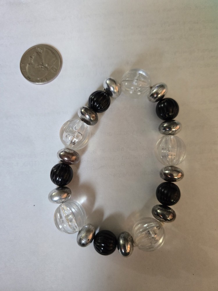 Black White Silver  Plastic Beaded Stretchy Bracelet Costume Jewelry