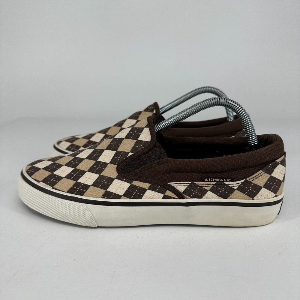 AIRWALK Sneakers Womens 10 Brown Pink Argyle Vintage Check Punk Slip On Shoe Y2K