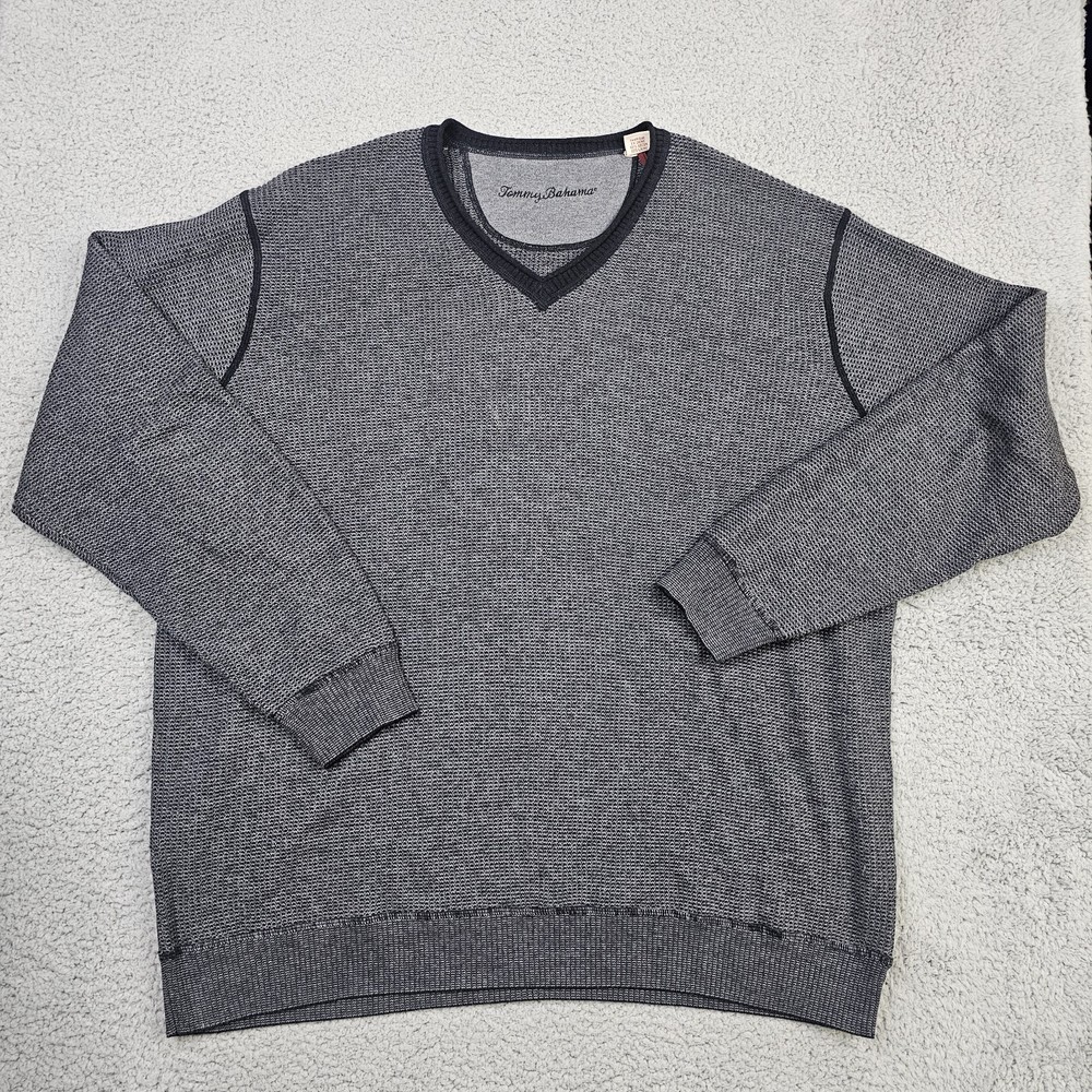 Tommy Bahama Sweater Mens 2XL Gray V Neck Pullover Cotton Wool Blend Long Sleeve