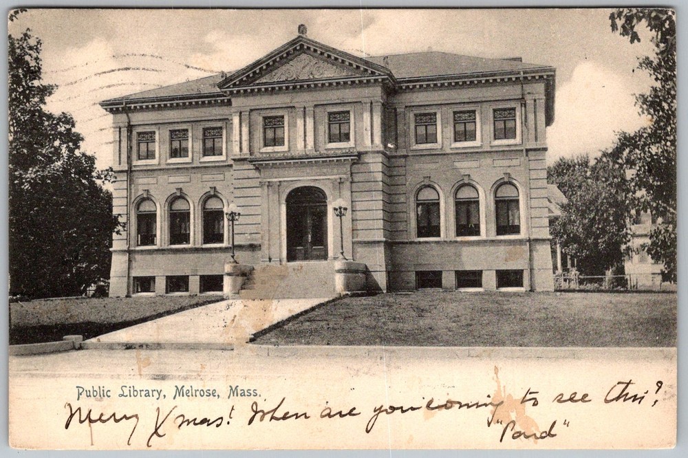 Antique Postcard Public Library Front Entrance Melrose, MA 1900s