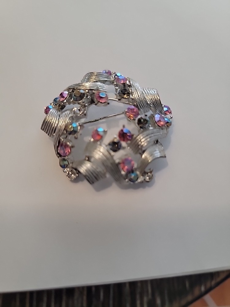 Vintage 1950s Pink AB  Rhinestone Brooch Pin Silver Tone