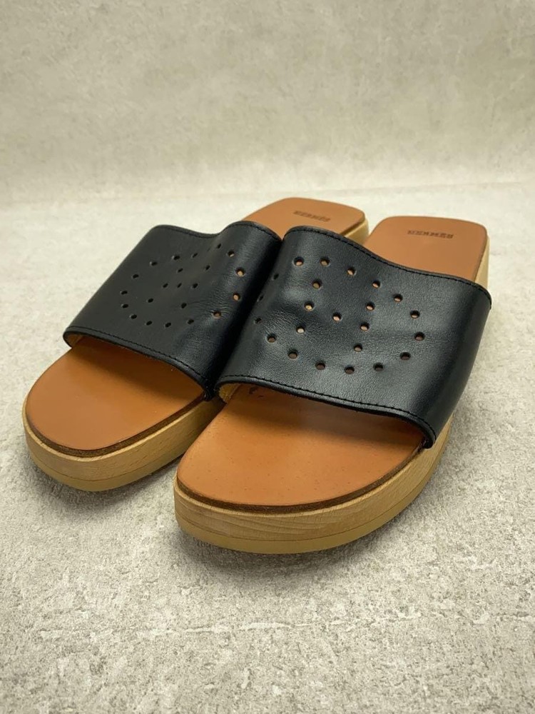 Authentic HERMES Black Leather Sandals with Wood Sole Perforated H Logo Size EU 36 Pre-Owned