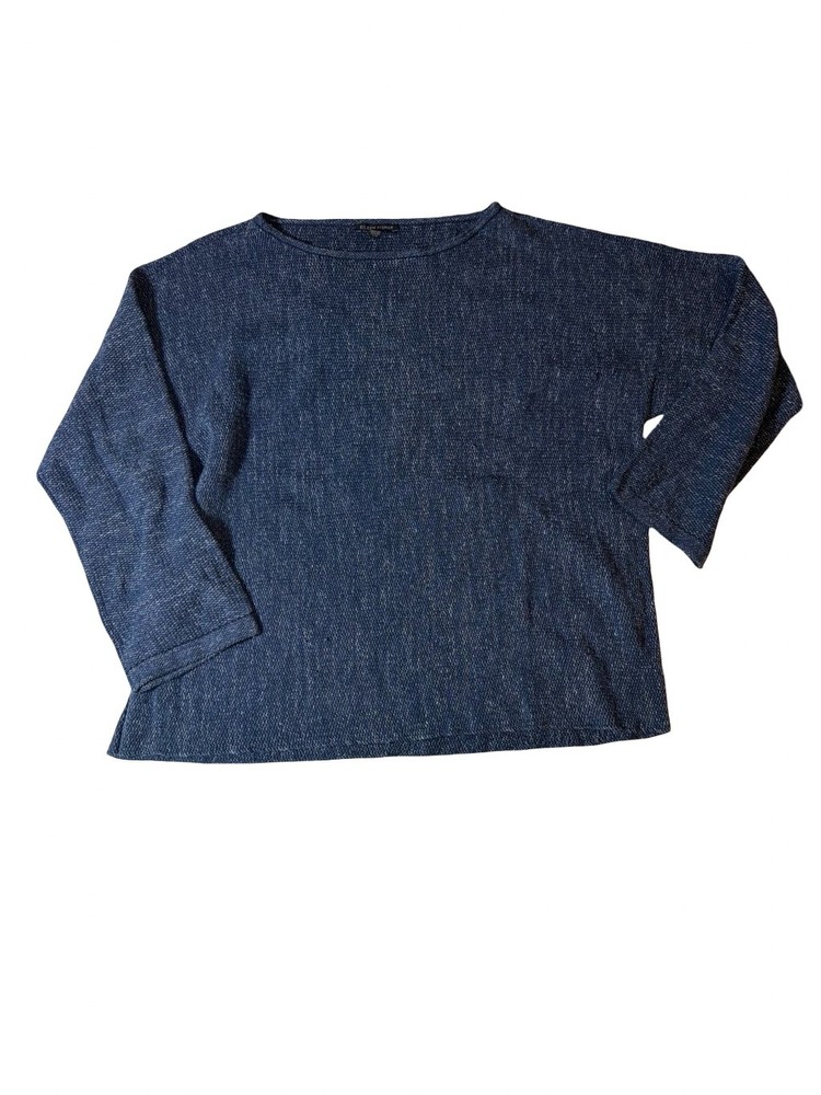 Eileen Fisher Indigo Organic Cotton Tencel Boxy Knit Sweater L Coastal