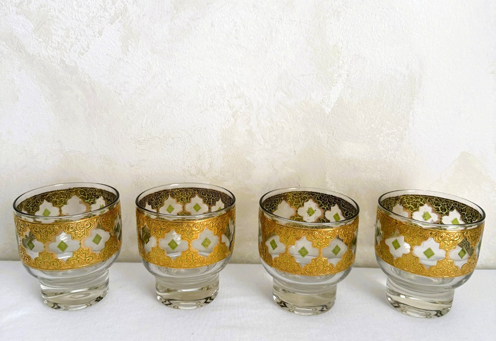 Vintage Culver Valencia 22k Gold Filigree MCM Blown Glass Old Fashioned Set of 4