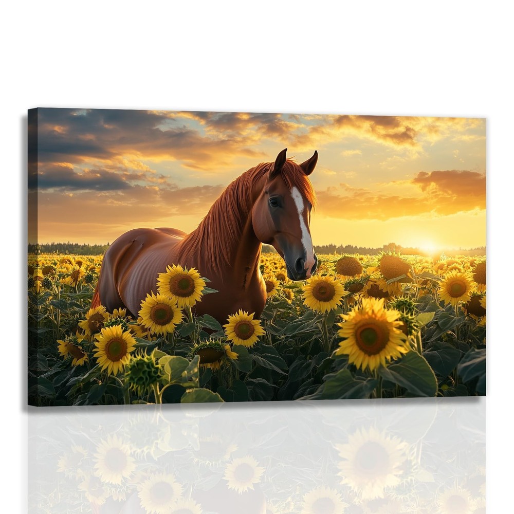 OAAPITI Horse Canvas Wall Art Abstract Sunflower Brown Horse Painting Print S...