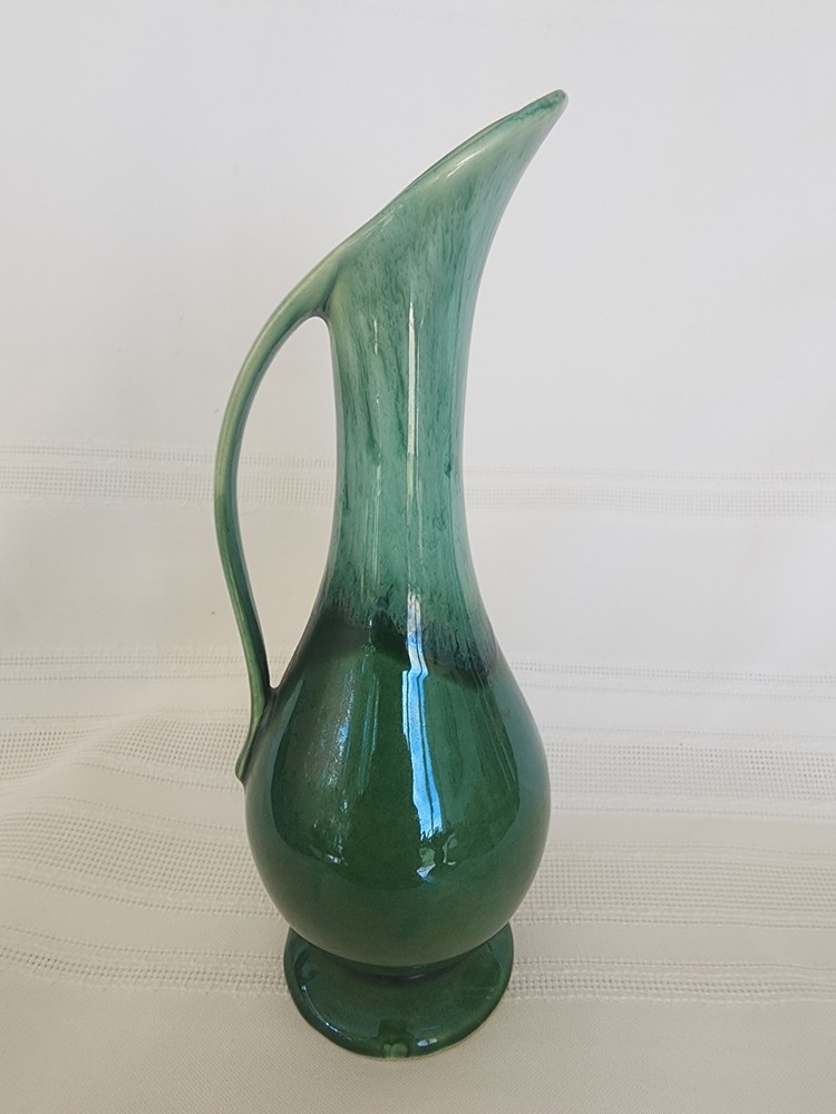 Vintage Dalton Pottery USA Footed Ewer Pitcher Vase Green Drip Glaze 8 1/2