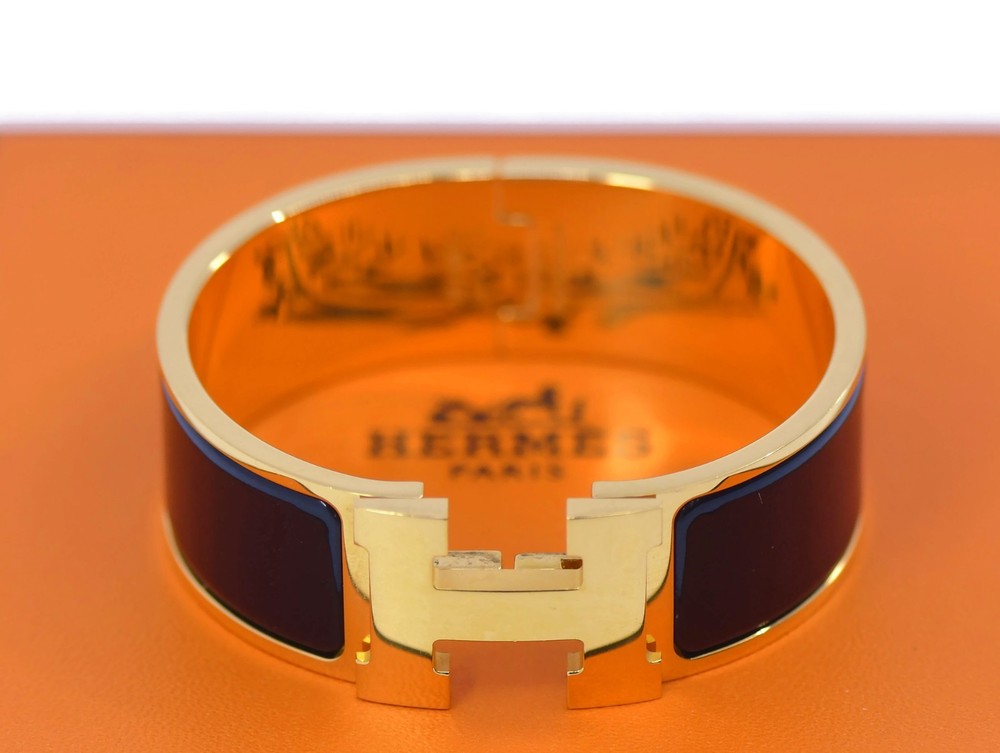 Hermes H Clic Clac Black Enamel Bangle Bracelet Gold Hardware
