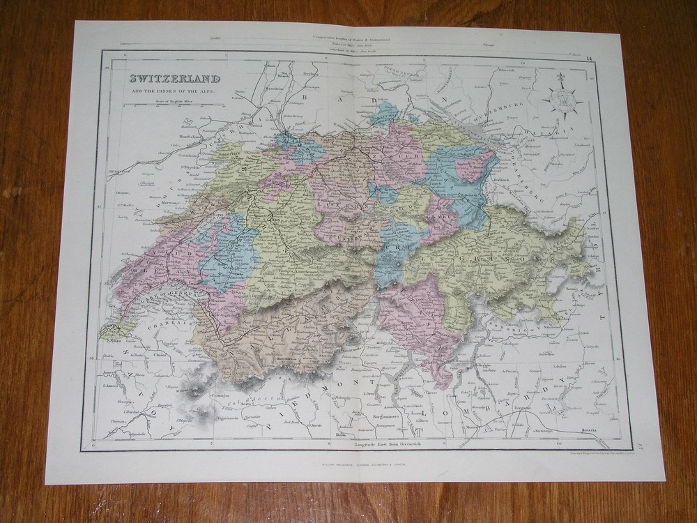1868 Original Antique Map Of Switzerland