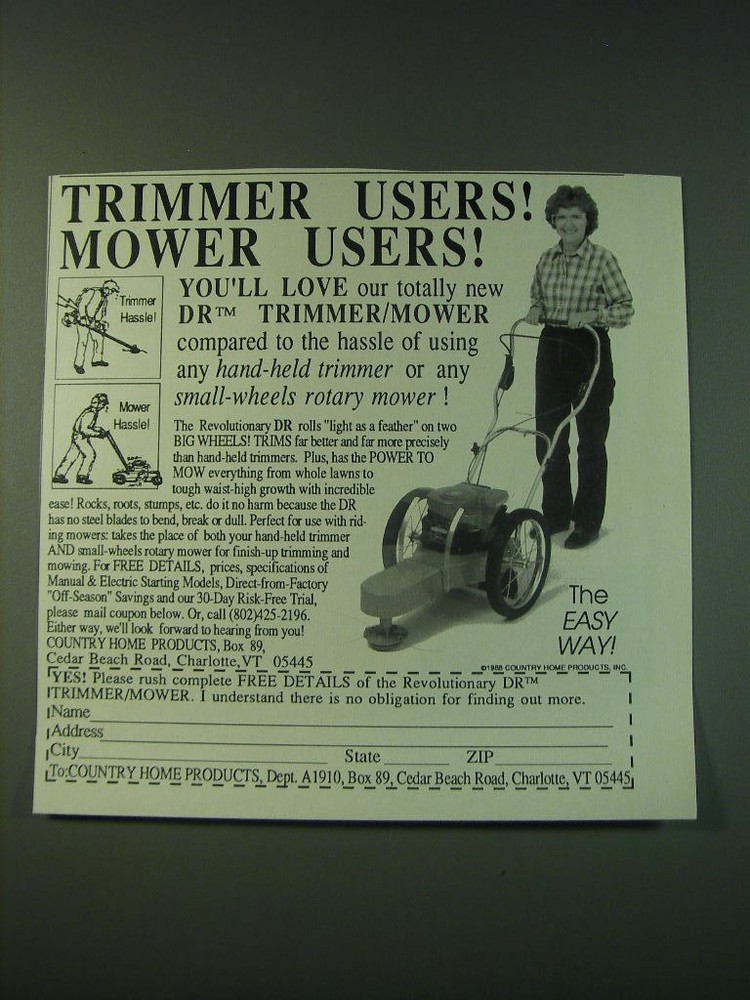 1988 DR Trimmer/Mower Ad - Trimmer users! Mower users!