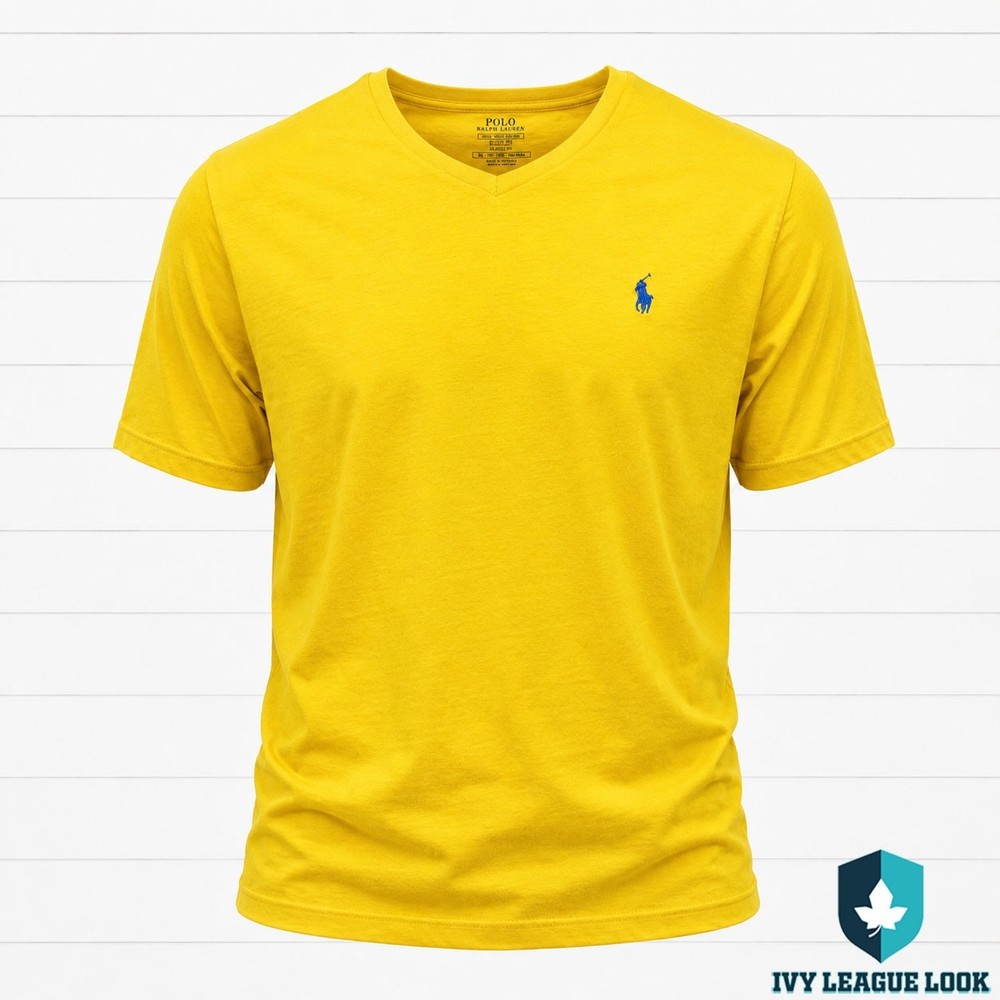 Polo Ralph Lauren V Neck T Shirt XL Yellow Blue Pony Classic Fit Preppy Cotton