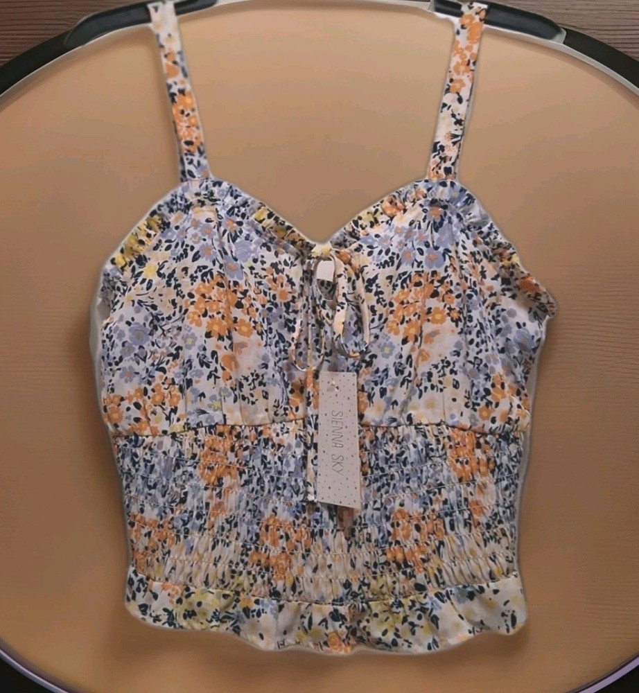 NWT Sienna Sky Floral Cropped Tank Top Smocked Waist Ruffled Hem Junior's Sz L