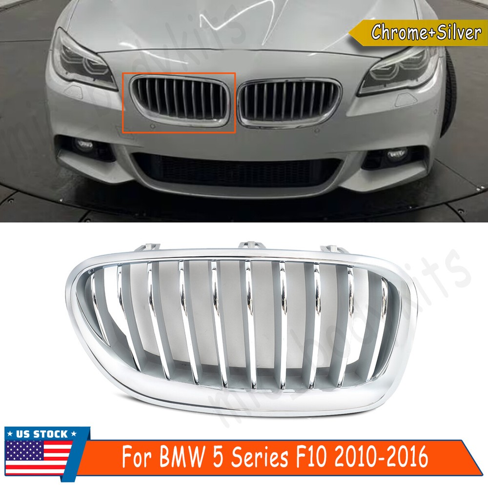 Front Kidney Grille Grill Chrome&Silver For 2010-2016 BMW 5 Series F10 535i 550i
