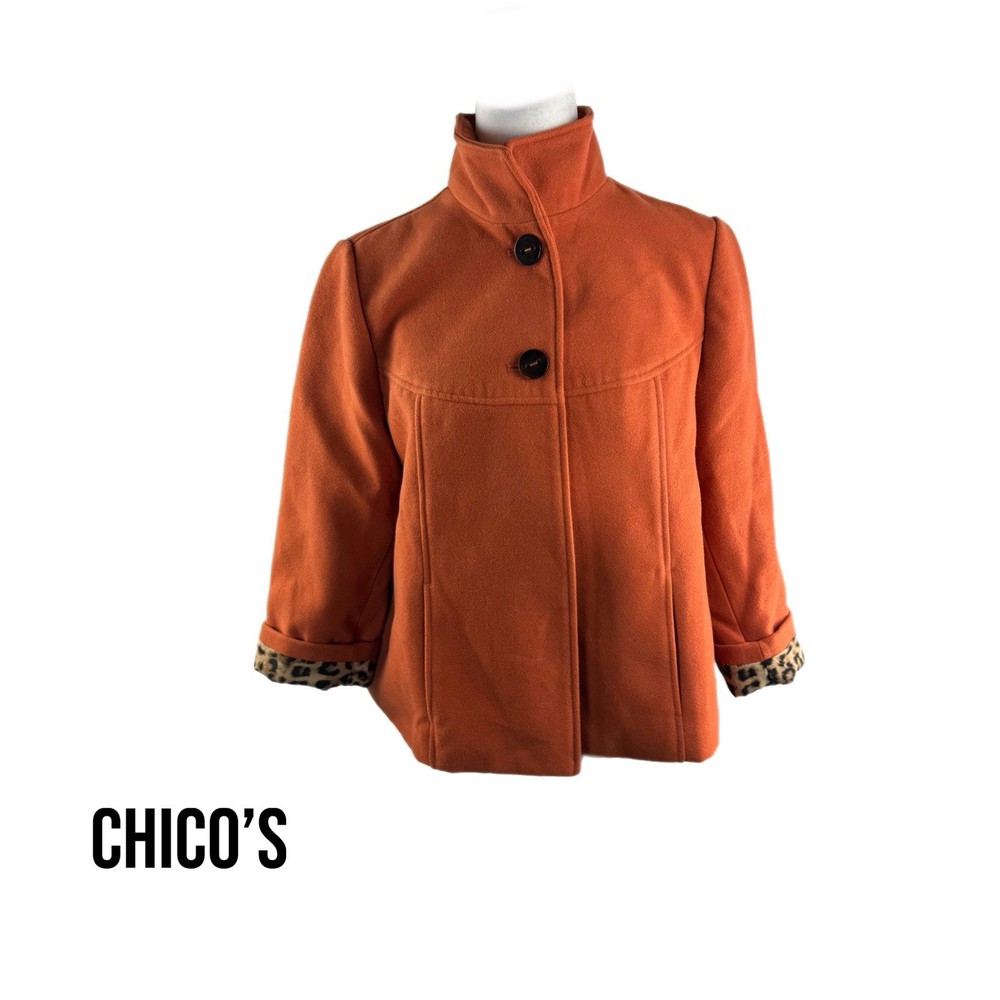 Chico’s Orange Swing Coat With Leopard Pring Cuffs Size 0 Statement Coat