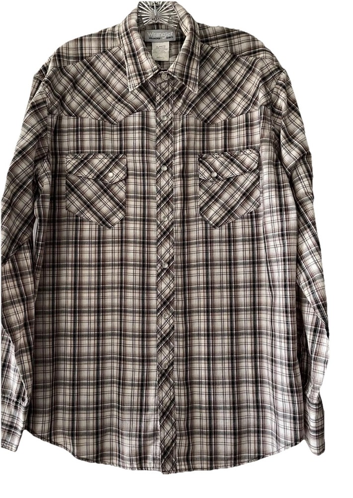Wrangler Men’s Size XL Brown Plaid Pearl Snap Button Western Cowboy Rodeo Shirt
