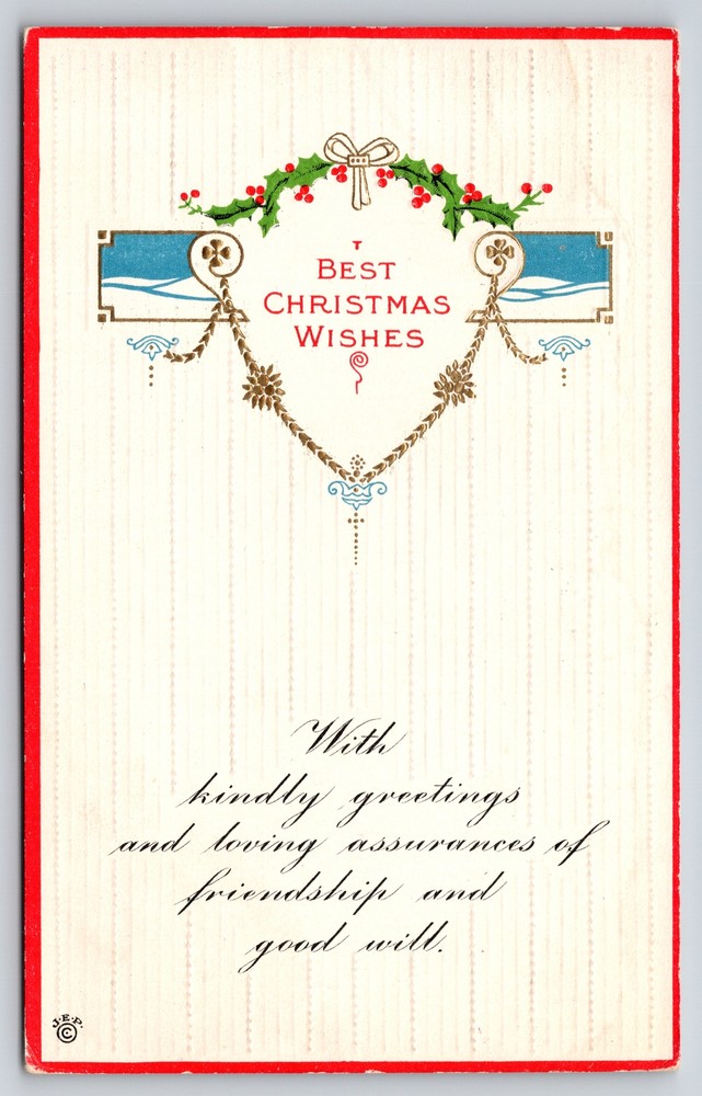 Shield Holly & Best Christmas Wishes & Poem~Stecher Vintage Postcard
