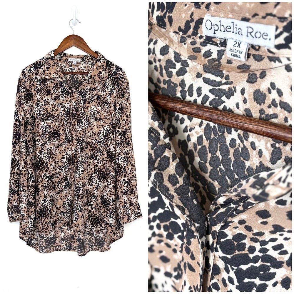 Ophelia Roe EUC Leopard Print Button Up Blouse 2X Plus Light Flowy High Low