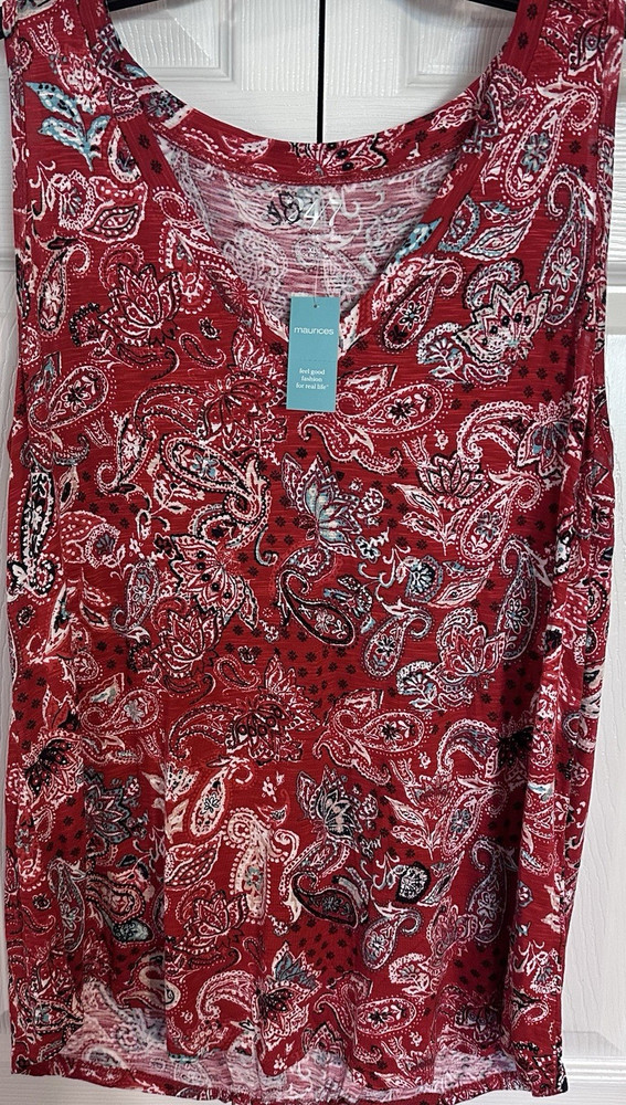 Maurices Women's Paisley Sleeveless V-Neck Tank Top X Large Red White Black