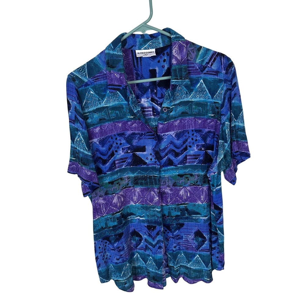 Vtg Womens 1X Blouse Blue Geometric Shirt Button Up 90s USA Alfred Dunner