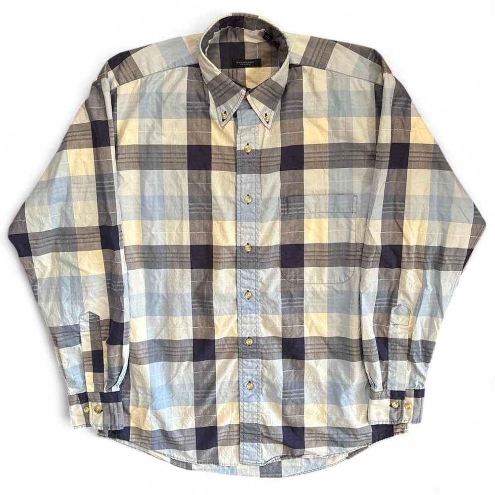 Burberry Shirt Mens Medium Blue Nova Check Plaid London Long Sleeve Button USA