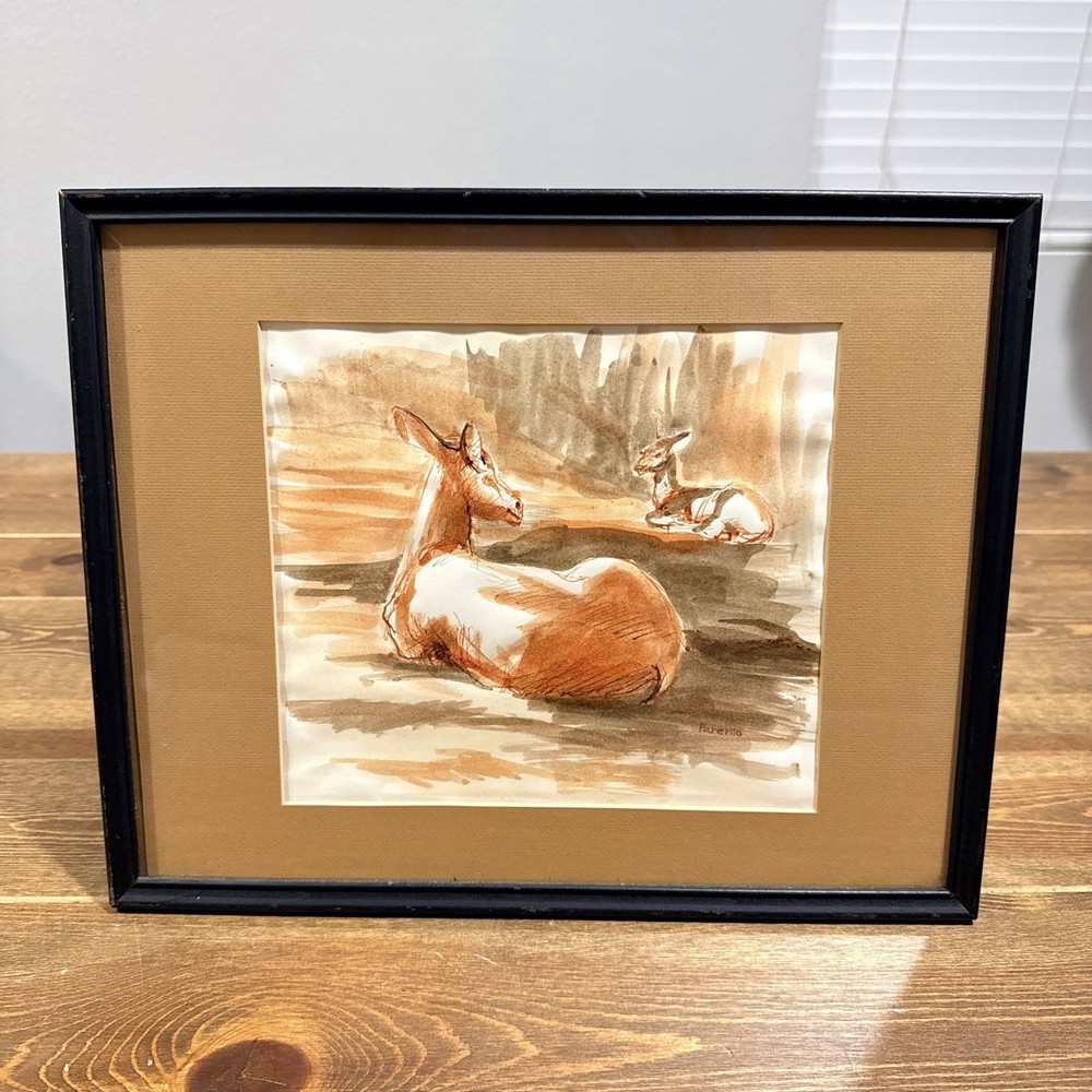 Vintage Original Watercolor Resting Deer Wildlife Painting Framed Signed Parenio