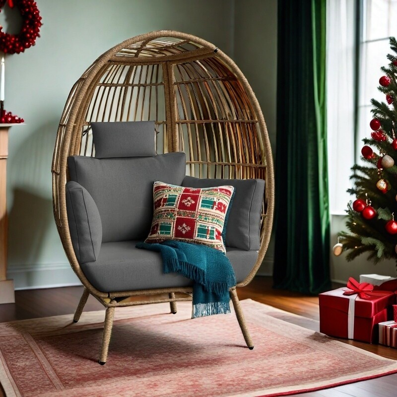 Gray Patio Wicker Basket Oversized Lounger Teardrop Egg Chair with Stand Cushion