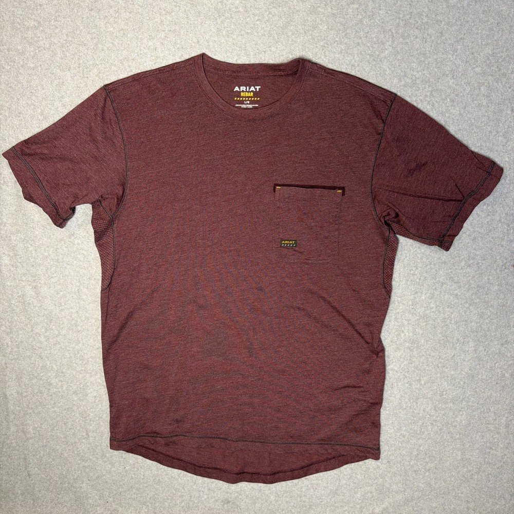 Ariat Rebar Men's T Shirt L Cotton/polyester Maroon Short Sleeve/ Pocket