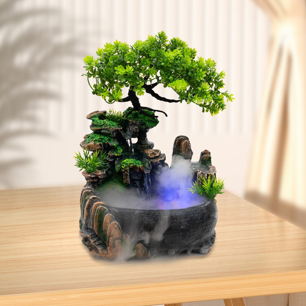Indoor Water Fountain LED Light Tabletop Resin Rockery Fengshui Waterfall Decor